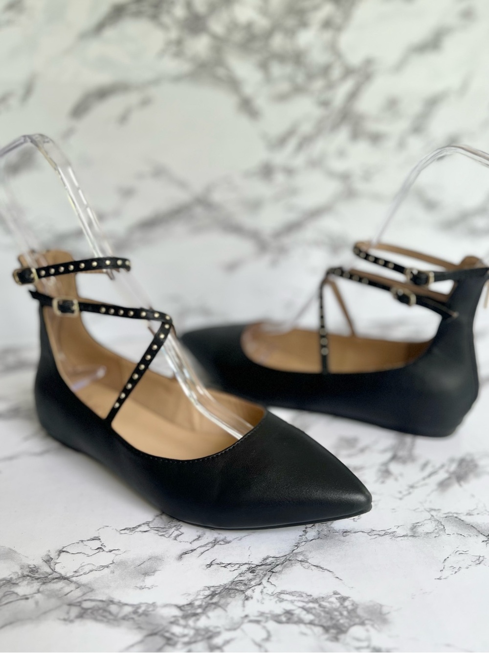 YNot? Black Studded Criss Cross Strappy Caged Faux Leather Flats 7.5W